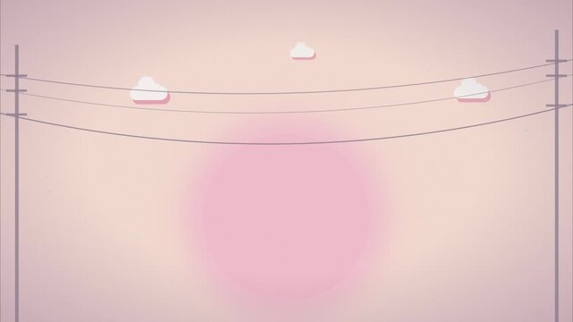 Minimalist Sunset Landscape with Clouds Moving on Power Lines Soft Pink Pastel Lofi Paper Cut Animation Looping Background for Chill Music or Lofi Aesthetic