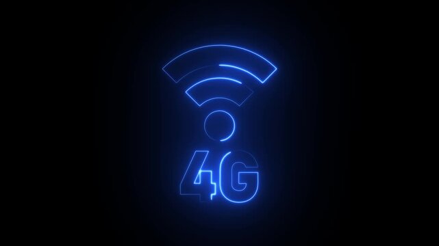 Neon blue 4G wireless internet symbol glowing on a black background technology network