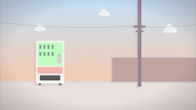 Japanese street with vending machine at sunset minimalist flat design aesthetic with soft pastel colors loopable motion background for urban storytelling