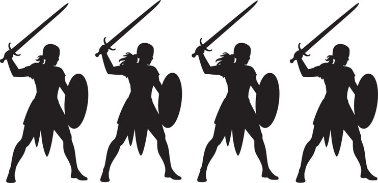 adult girl stands with a long shield and sword in her hand bundle set black vector art