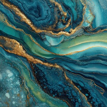 Abstract fluid motion displays rich teal and deep blue tones interspersed with sparkling metallic gold veins