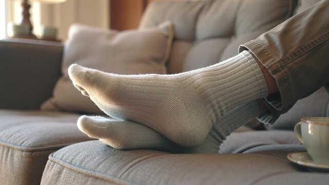 Cozy feet in light gray socks resting on a soft couch, with a warm atmosphere created by natural light and a cup of coffee on the side table