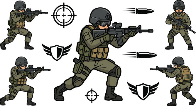 Military Soldier Character Sprite Sheet with Special Forces Tactical Infantry Shooting Rifle Bullets Targets and Defense Shield Icons Vector Illustration