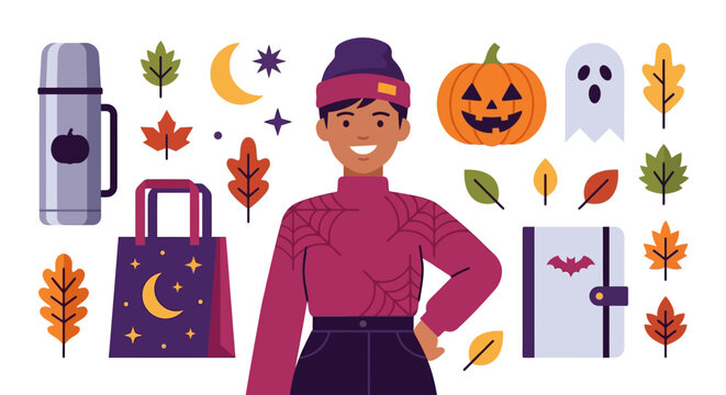 Flat vector illustration of a person wearing a spiderweb sweater and purple beanie, surrounded by Halloween icons including a jack-o-lantern, ghost, fall leaves, and a gift bag.