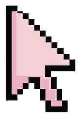 Fototapeta premium Pixel style light pink computer mouse cursor with thick black outline, isolated on a plain white background