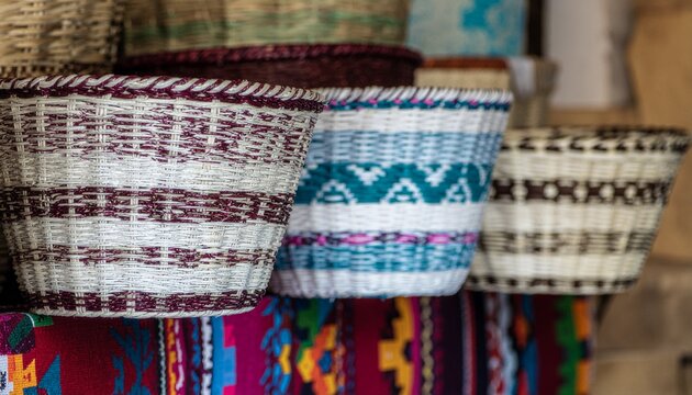 Vibrant woven baskets on display at market stall with colorful fabrics