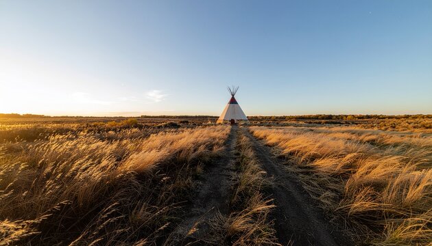 A lone teepee stands on a dirt road through a vast field of tall golden grass under a clear blue sky at sunset.