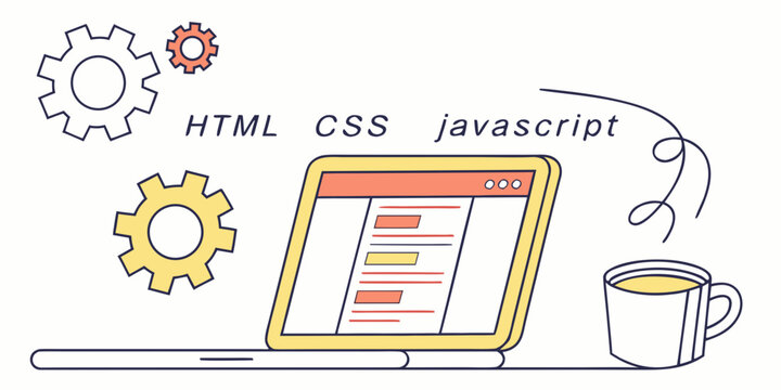 Web programming coding workspace setup illustration with front end programming development javascript developer software computer technology workspace technical engineering interface