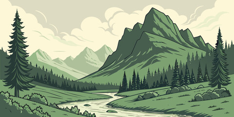 Mountain valley scene with winding river and evergreen forest mountain landscape wilderness illustration tranquil environment adventure serenity peaceful mountains evergreen timberline © Gf