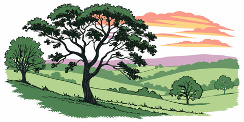 Fototapeta premium Rolling green hills landscape with large trees and colorful sunset clouds graphic illustration landscape illustration countryside environment outdoors daylight panoramic background colorful