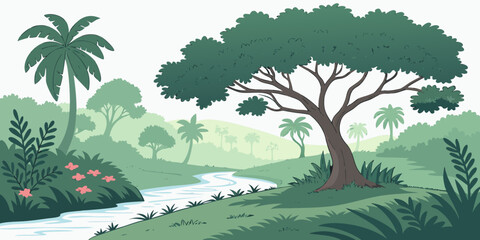 Illustration of a serene lush tropical river landscape with flowering plants and trees landscape tropical wilderness background illustration vegetation adventure environment peaceful © Gf