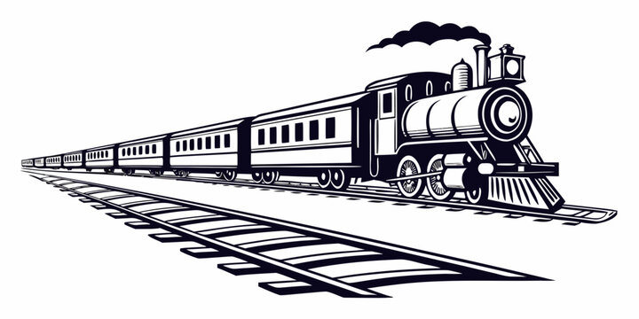 Steam locomotive train on tracks moving forward illustration with steam engine rail track locomotive railroad transportation transport traveling locomotion movement industry industrial