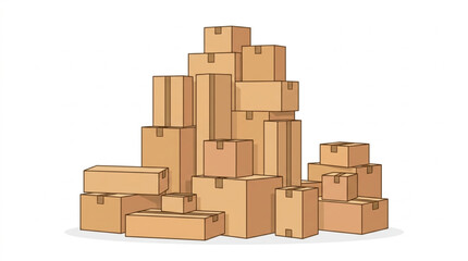 Fototapeta premium A large pile of stacked cardboard moving boxes of various sizes arranged in a chaotic yet stable heap against a clean white background, conveying a sense of storage or relocation