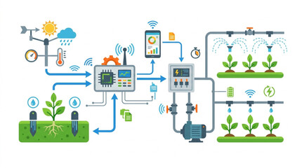 Fototapeta premium Detailed infographic illustrating smart farming technology with sensors, automated irrigation, and weather monitoring systems controlling plant growth in a clean, modern style