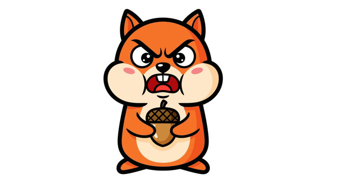 Angry cartoon squirrel holding an acorn sticker illustration