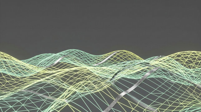 Abstract 3D digital wireframe grid forming a wavy terrain with metallic circuit ribbons interwoven across a matte gray background.