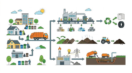 Naklejka premium Illustrative diagram showing the process of waste management from collection to recycling and energy production, set against a clean, bright backdrop