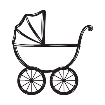 Vintage Baby Stroller Vector Line Art Illustration Isolated on White Background for Newborn Care, Motherhood, and Baby Shower Designs