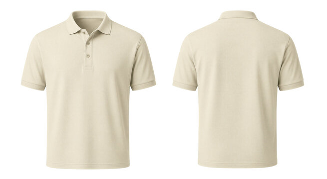 A realistic template of a blank Cream or Beige polo t-shirt displaying both the front and back views. Isolated with transparent background