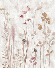 Naklejka premium Delicate dried meadow grasses and wild flowers illustration.