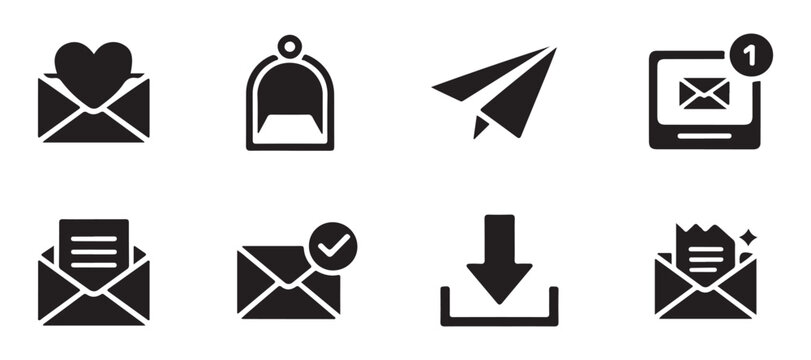 Assorted email and notification icons including hearts folders downloads and incoming message alerts.