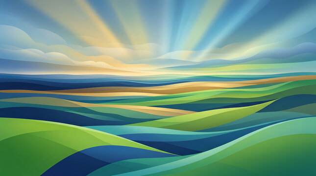 Abstract landscape illustration with stylized rolling green hills and sun rays shining through clouds