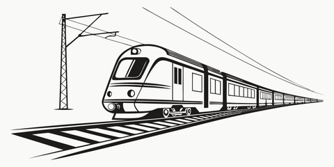 Modern passenger train traveling on railway track graphic illustration with transportation locomotive illustration commuter passenger movement technology railroad carriage monochrome © Mamun