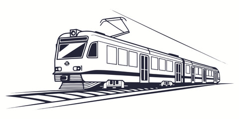Minimalist black and white line art drawing of a modern electric commuter train traveling on tracks with commuter transport electric locomotive illustration monochrome silhouette railroad © Mamun