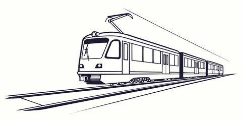 Simple line art illustration of a modern commuter tram or electric train traveling on tracks with commuter transport electric locomotive illustration monochrome silhouette railroad technology © Mamun