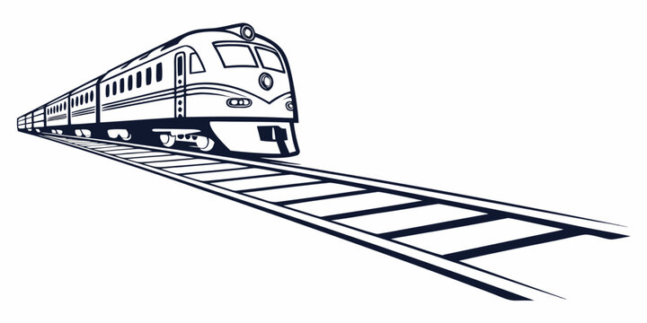 Vintage passenger train moving along railway tracks graphic with locomotive transportation commuter transport passenger infrastructure departure illustration silhouette logistics shipping