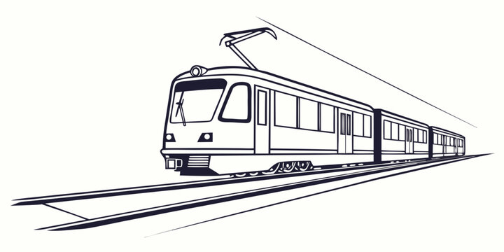 Simple line art illustration of a modern commuter tram or electric train traveling on tracks with commuter transport electric locomotive illustration monochrome silhouette railroad technology