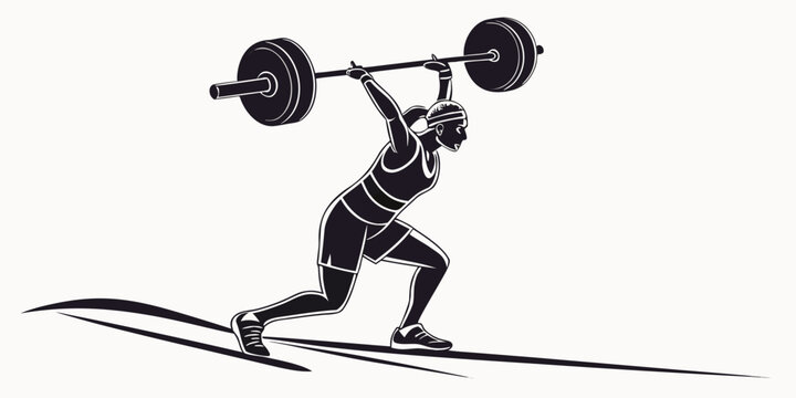 Graphic illustration of female weightlifter lifting heavy barbell with weightlifting exercise strength training performance competition movement silhouette illustration monochrome physical