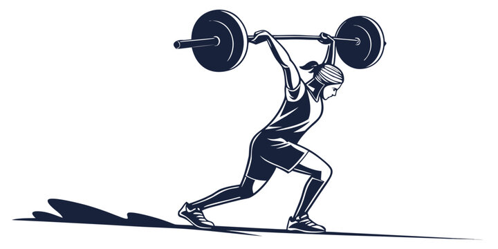 Silhouette graphic of female athlete performing clean and jerk weightlifting with weightlifting exercise strength training performance competition movement silhouette illustration monochrome