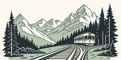 Vintage style graphic illustration of a train traveling through a pine forest and mountains with mountain landscape locomotive transport illustration adventure wilderness railroad environment © Mamun