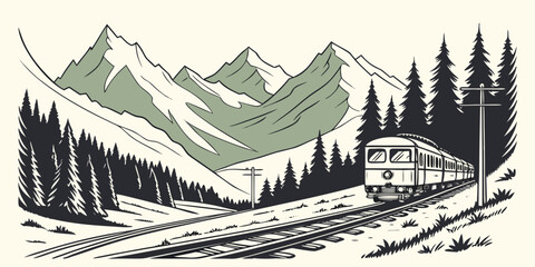 Graphic illustration of a locomotive train on tracks in a snowy mountain range landscape with mountain landscape transportation railroad locomotive mountains adventure vacation environment © Mamun