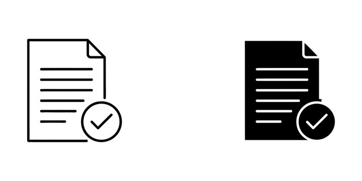 Document verification icon set with checkmark success symbols, document