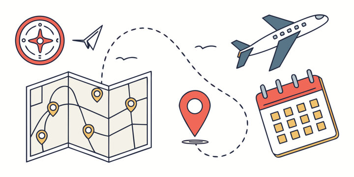 Travel concept illustration with compass airplane flight path map and calendar airplane calendar navigation vacation adventure destination planning location itinerary logistics exploration