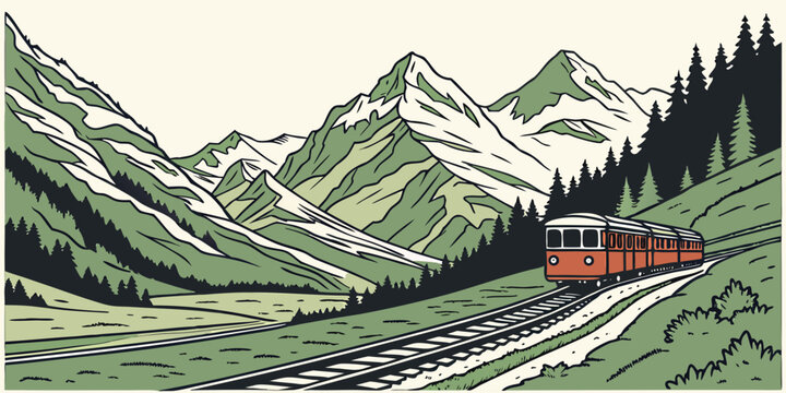 Illustration of a retro passenger train traveling through a scenic mountain landscape with pine forest mountain landscape mountains locomotive transportation railroad illustration adventure