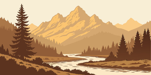 Mountain landscape illustration featuring a flowing river and coniferous forest at sunset mountain landscape wilderness illustration background peaceful adventure environment twilight © Mamun