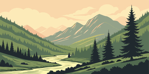 Lush green mountain valley landscape with a winding river and coniferous forest mountain landscape wilderness illustration background peaceful adventure environment daylight evergreen © Mamun