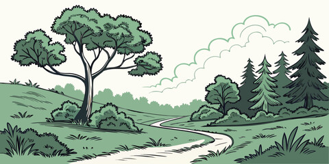 Scenic green landscape with winding path and coniferous trees landscape countryside illustration outdoors coniferous background environment vegetation peaceful © Mamun