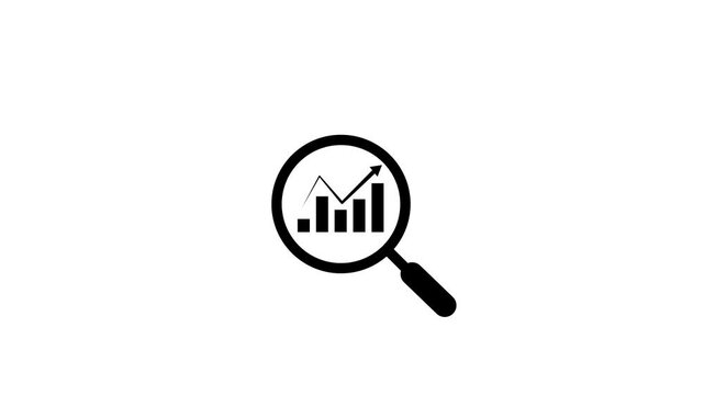 Business growth graph concept with magnifying glass isolated on white background. Search icon highlights progress and detailed analysis 4k video