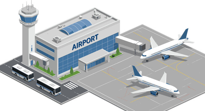 Isometric Airport Terminal Vector Set Featuring Control Tower Passenger Planes Jet Bridges and Shuttle Buses for Aviation Infographics and Travel Industry Graphics