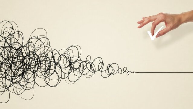 A hand holds a computer mouse and untangles a messy line on a surface.