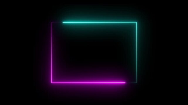  neon Square Rectangle picture frame icon animation glowing pink and cyan color party show seamless footage border frame display neon box line smooth effect on black background	
