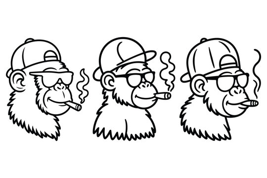 Three black and white line monkey heads wearing baseball caps and smoking cigars