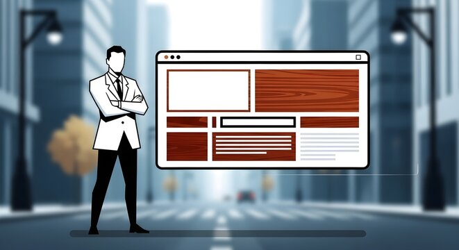Businessman standing next to large web browser window in city