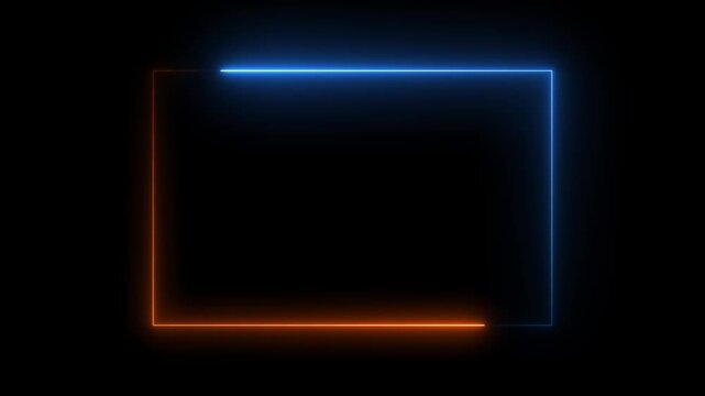  neon Square Rectangle picture frame icon animation glowing orange and blue color party show seamless footage border frame display neon box line smooth effect on black background	