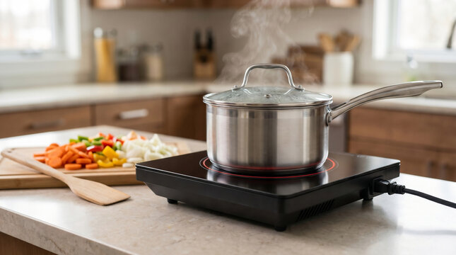 Portable induction cooktop simmering meal