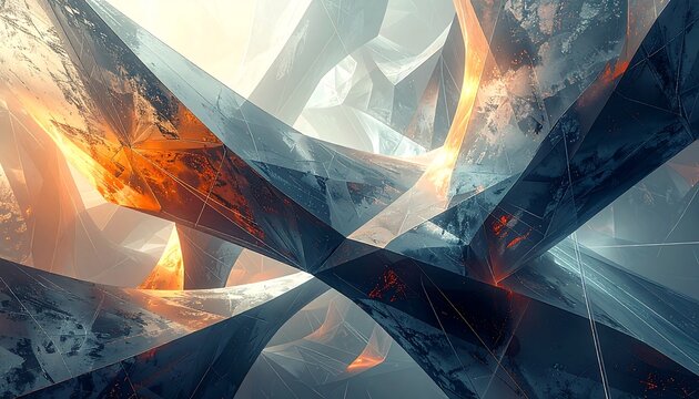 Abstract digital art features intersecting angular structures, showcasing textures, light, and gradients of orange, blue, and gray colors